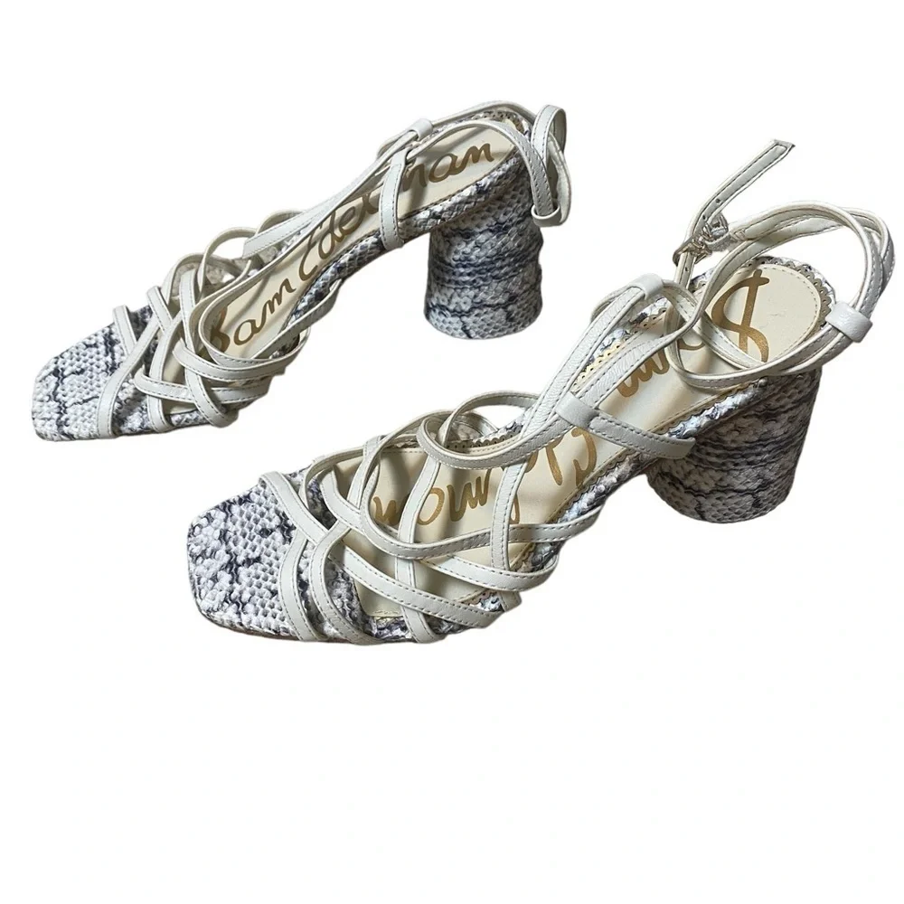 Sam Edelman Daffodil Strappy Snake Print Heeled Sandals IVORY Leather